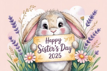 Cute watercolor bunny holding a sign saying happy sister s day 2025 surrounded by flowers