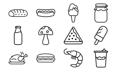 Minimal Line Art Food and Drink Icons – Bread, Hotdog, Ice Cream, Jam Jar, Milk Bottle, Pizza Slice, Mushroom, Popsicle, Chicken, Sandwich, Shrimp, and Beverage in Doodle Style for Menu and Culinary 