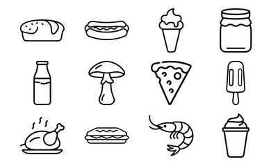 Minimal Line Art Food and Drink Icons – Bread, Hotdog, Ice Cream, Jam Jar, Milk Bottle, Pizza Slice, Mushroom, Popsicle, Chicken, Sandwich, Shrimp, and Beverage in Doodle Style for Menu and Culinary 