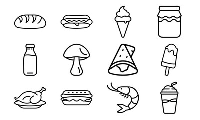 Minimal Line Art Food and Drink Icons – Bread, Hotdog, Ice Cream, Jam Jar, Milk Bottle, Pizza Slice, Mushroom, Popsicle, Chicken, Sandwich, Shrimp, and Beverage in Doodle Style for Menu and Culinary 