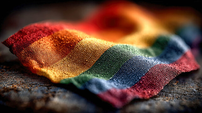 Close-up macro shot of a textured rainbow pride flag, capturing vibrant colors and fabric details on a dark background.