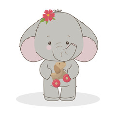 Adorable vector illustration of a baby elephant holding a small wooden toy with wheels. The elephant is adorned with a flower on its head, showcasing a charming and playful design.