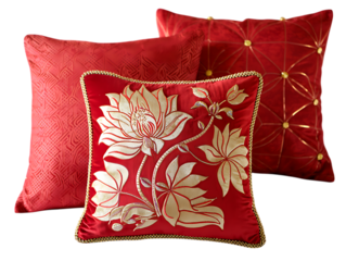 Three ornate red decorative throw pillows with floral embroidery isolated on transparent background