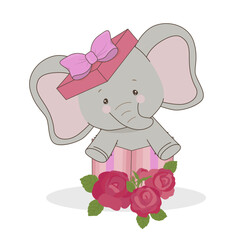 Adorable vector illustration of a cartoon elephant with a pink bow emerging from a striped gift box, surrounded by blooming roses. Perfect for children s themes and celebrations.