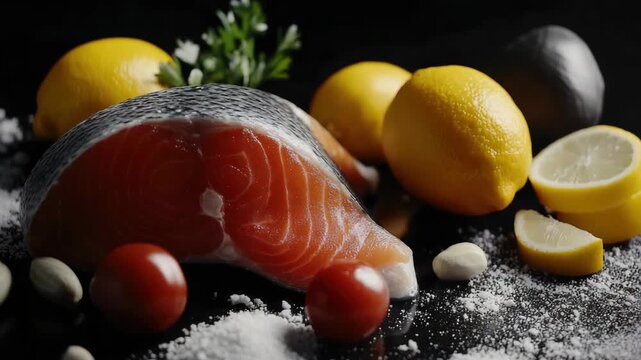 Healthy and delicious meal with sushi, salmon, lemon, garlic and herbs.