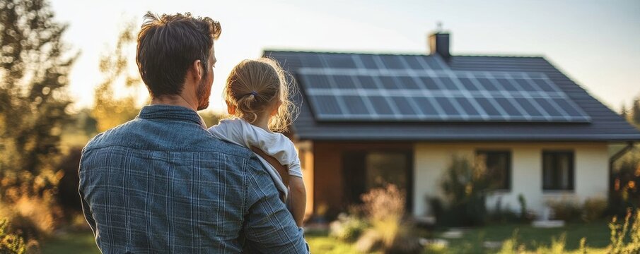 Rear view of a father holding his daughter in his arms, pointing at their house with installed solar panels, symbolizing the future of renewable energy and sustainable living, Generative AI - Powered by Adobe