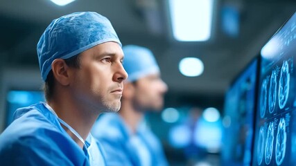 Medical professionals analyze imaging results in a well-lit surgical room. - Powered by Adobe