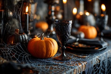 Fototapeta premium A moody Halloween table setting with pumpkins, candles, and a black goblet, creating a spooky and festive atmosphere for a gathering.