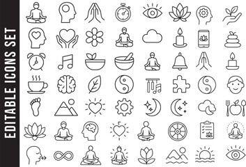 Editable Outline Icon Set for Mindfulness, Meditation, Yoga, and Well-being