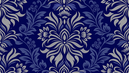 Vector illustration dark blue background with floral ornament Seamless damask wallpaper for Presentations marketing, decks, ads, books covers, Digital interfaces,colours, cyan, damask, elegance,