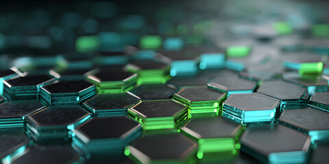 Abstract hexagonal grid with glowing green and blue lights