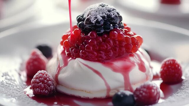 Sweet and fruity dessert with blueberry and raspberry compote topped with whipped cream.