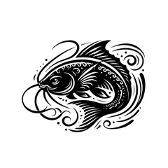A black and white illustration of a carp fish isolated on white background