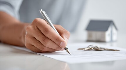 Close up view of a businessman signing a contract for purchasing or renting a house or apartment, accompanied by house keys and a miniature model house on a white table