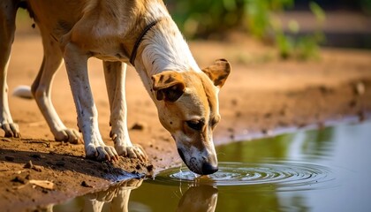 A dog drinks from a still pond