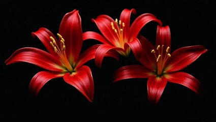 Three bright red lilies with yellow stamens on a black background.