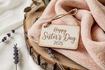 Happy sisters day 2023 handwritten tag on rustic wood with lavender and soft fabric