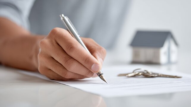 Close up view of a businessman signing a contract for purchasing or renting a house or apartment, accompanied by house keys and a miniature model house on a white table - Powered by Adobe