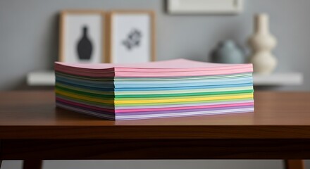 Stack of colorful papers on a wooden table.