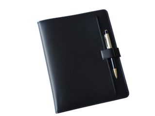 Black leather journal with pen holder isolated on transparent background