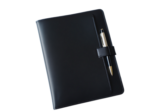 Black leather journal with pen holder isolated on transparent background