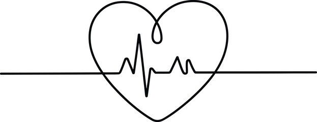 Continuous line drawing of a heart with an electrocardiogram heartbeat line
