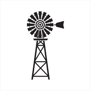 Farm windmill icon, classic American windpump silhouette. Rural agriculture and water pump vector graphic for country logo design.
