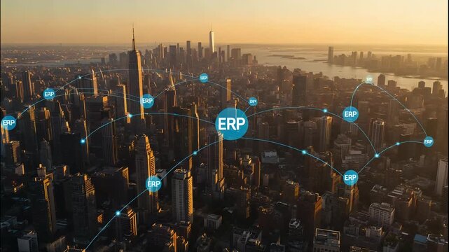 Stunning 4K footage of an Enterprise Resource Planning ERP system network overlaying a modern cityscape, visualizing business process automation and data connectivity.