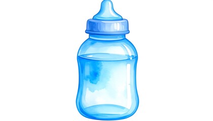 Watercolor illustration of a light blue baby bottle