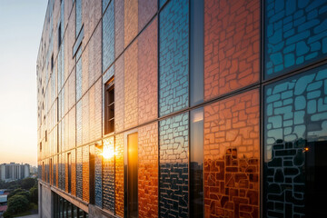 Modern building at sunset. The setting sun reflects off the colorful glass facade of a contemporary building in a city.