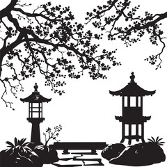 Fototapeta premium Timeless and elegant black and white vector illustration. A Japanese garden with lanterns is depicted as a silhouette, rendered against a digitally created cast bronze surface