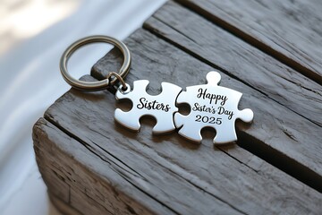 Two puzzle piece keychain with sisters engraved on a rustic wooden surface