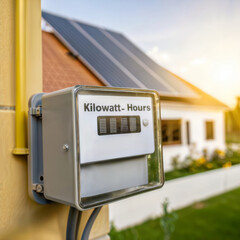 Home energy meter. Kilowatt-hour electric meter showing consumption for a house with rooftop solar panels. Savings concept.