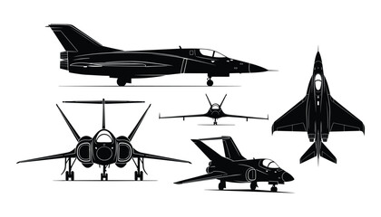 Silhouette of Multiview Fighter Jet, Technical Drawing Style, Airplane Vector Illustration
