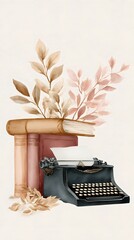 Vintage Typewriter with Books and Autumn Leaves – Cozy Watercolor Composition Evoking Literary Nostalgia and Seasonal Creativity