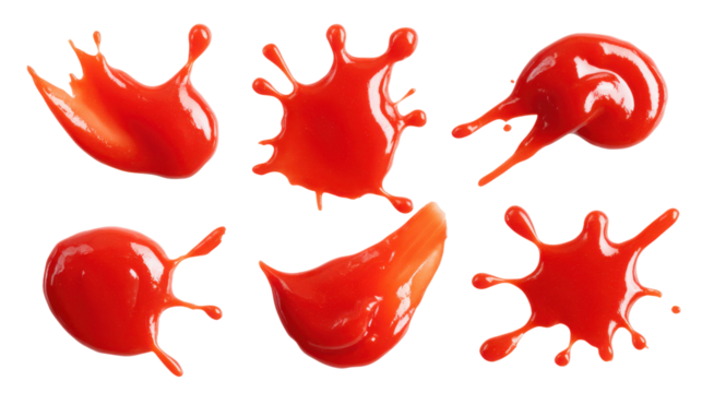 Dynamic red paint splashes on art creation studio. Isolated on transparent background, png.
