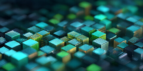 Abstract 3d geometric pattern of glowing cubes in shades of teal and green