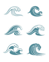 Fototapeta premium Six Stylized Sea Waves with Foam Design Set, Marine Blue Color, Isolated Nautical Elements, Vector Illustration