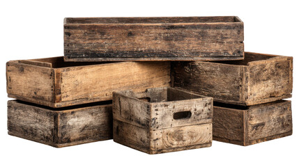 Arranging vintage wooden crates studio photography rustic close-up. Isolated on transparent background, png.
