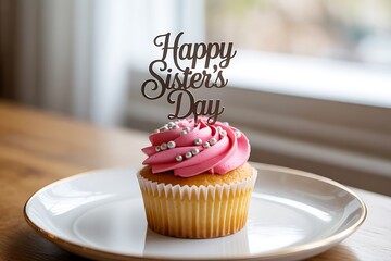 Delicious cupcake with pink frosting and happy sisters day topper