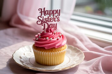 Festive cupcake with happy sisters day topper and pink frosting