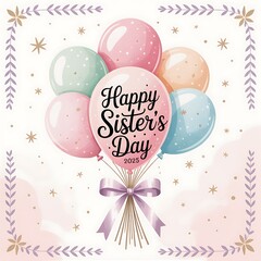 Happy sisters day greeting with pastel balloons and floral border