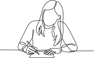 Continuous line drawing of a woman writing at a desk
