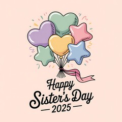 Happy sisters day celebration with colorful balloons and ribbon