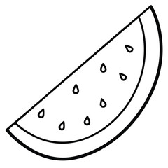 A simple black and white outline drawing of a juicy watermelon slice with seeds perfect for coloring pages and summer themes