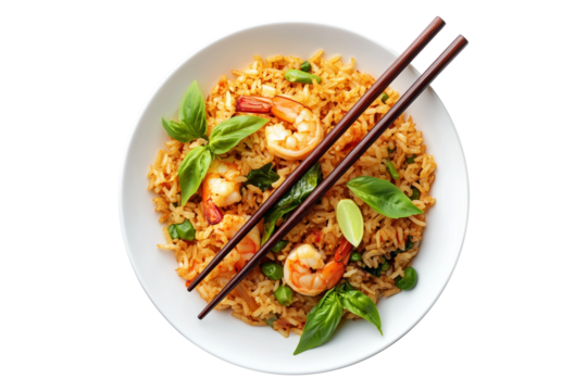 Spicy chicken fried rice Khao Pad garnished vegetables and herbs on plate with chopsticks, isolated on white transparent background, concept of Asian food presentation - Powered by Adobe