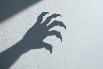 A chilling shadow of a clawed hand stretches across a textured white wall, evoking a sense of fear and mystery.