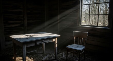 Abandoned rustic cabin interior with sunlit wooden table and chair