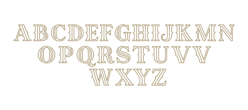 Western Style Outline Alphabet Set, Decorative Capital Letters, Font Design, Typography Elements, Vector Illustration
