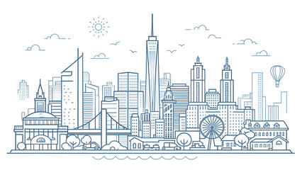 A black vector silhouette illustration of a city skyline with urban buildings and skyscrapers, depicting modern architecture and design
